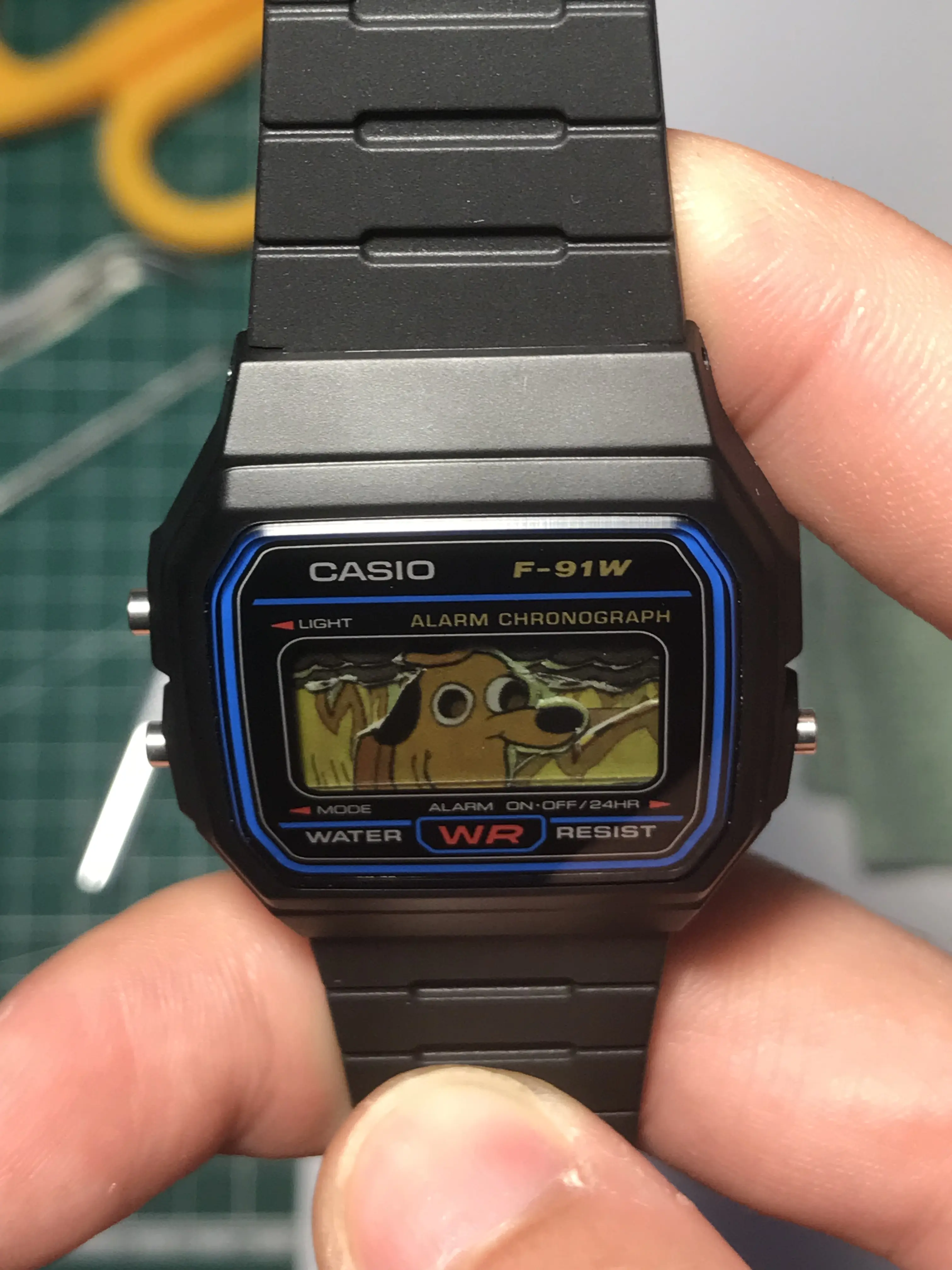 Custom Casio F91W Modded - "this is fine" meme - above view to see the layers - Multi-Layer Parallax Display