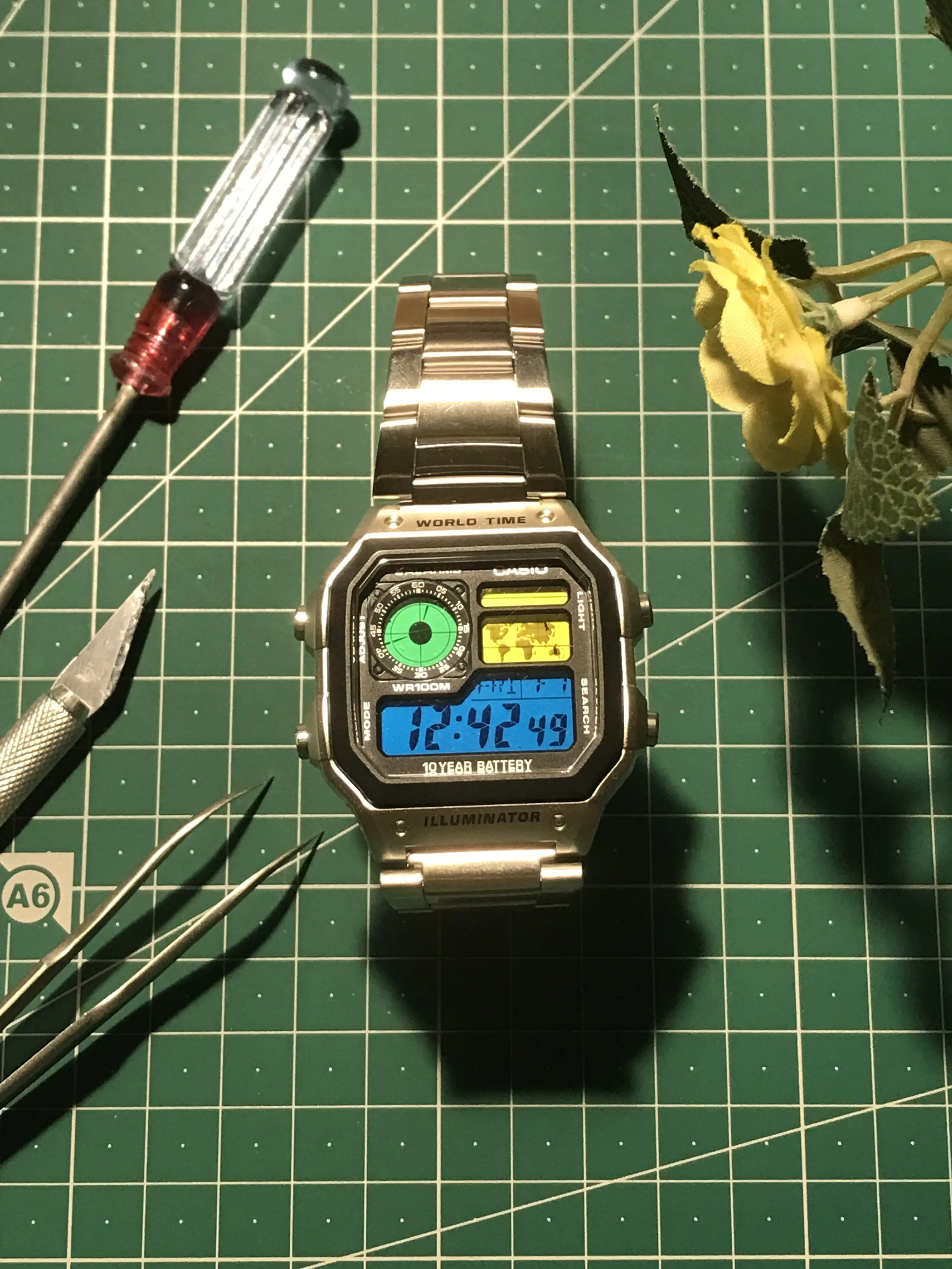 Custom Casio AE-1200 (Royale) Wasteland (Fallout Pip-boy) Green blue yellow Gel Filter