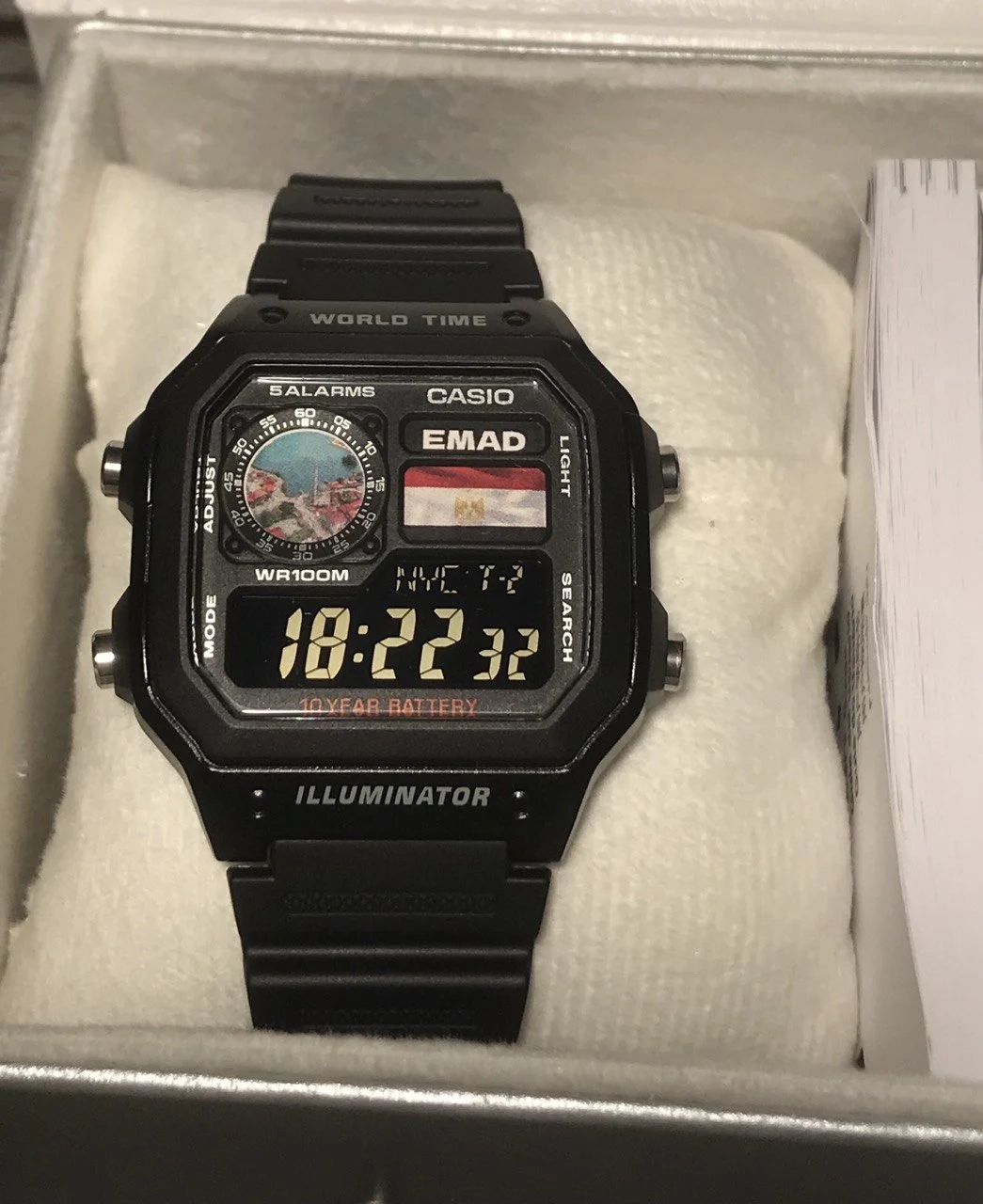 I custom casio watch, with egyption flag and the name of the person "Emad" and a picture of "Uzungöl" in the Çaykara district of Trabzon Province, Turkey. 