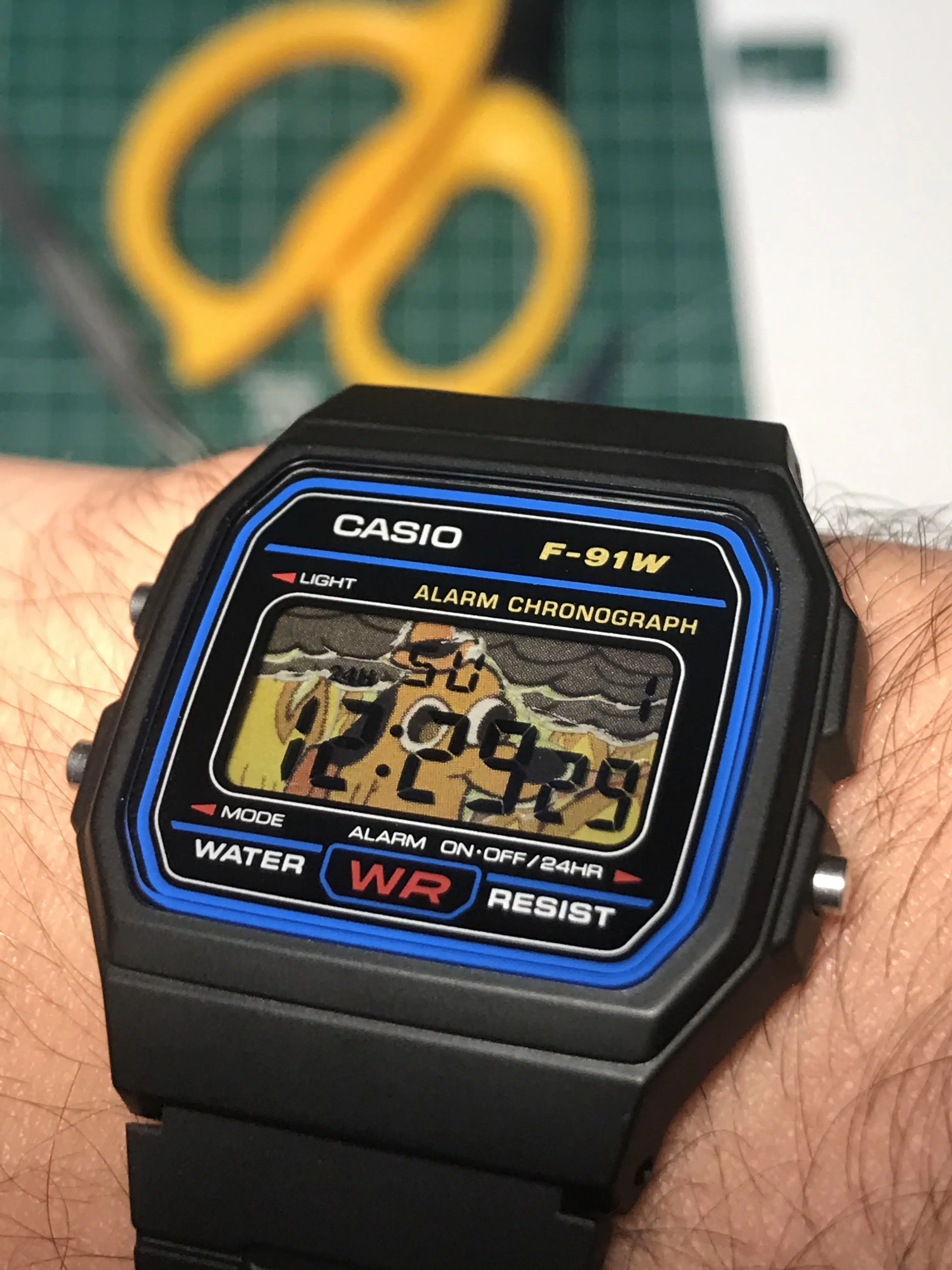 Custom Casio F91W Modded - "this is fine" meme - Close up - Multi-Layer Parallax Display