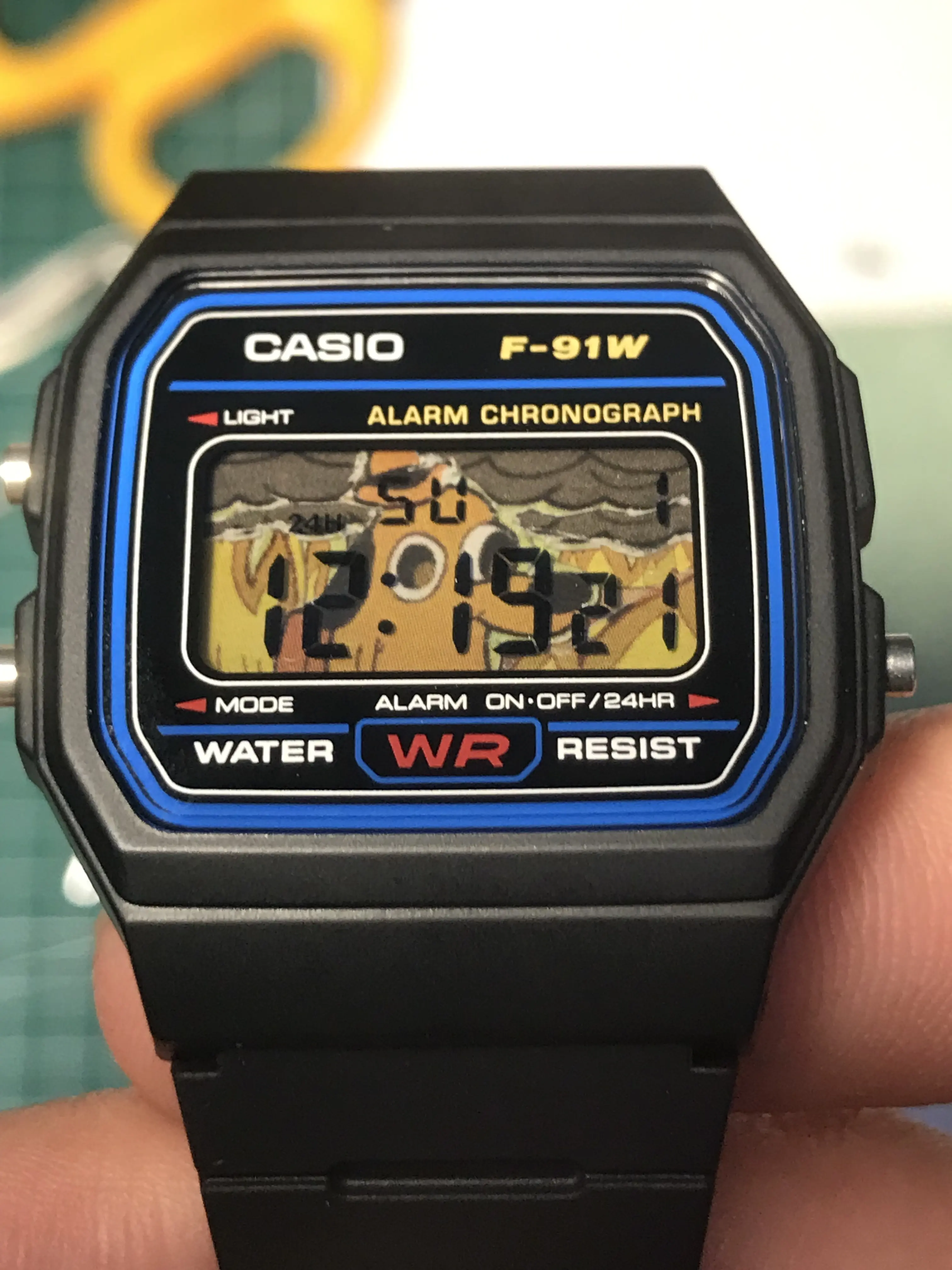 Custom Casio F91W Modded - "this is fine" meme - Close up - Multi-Layer Parallax Display