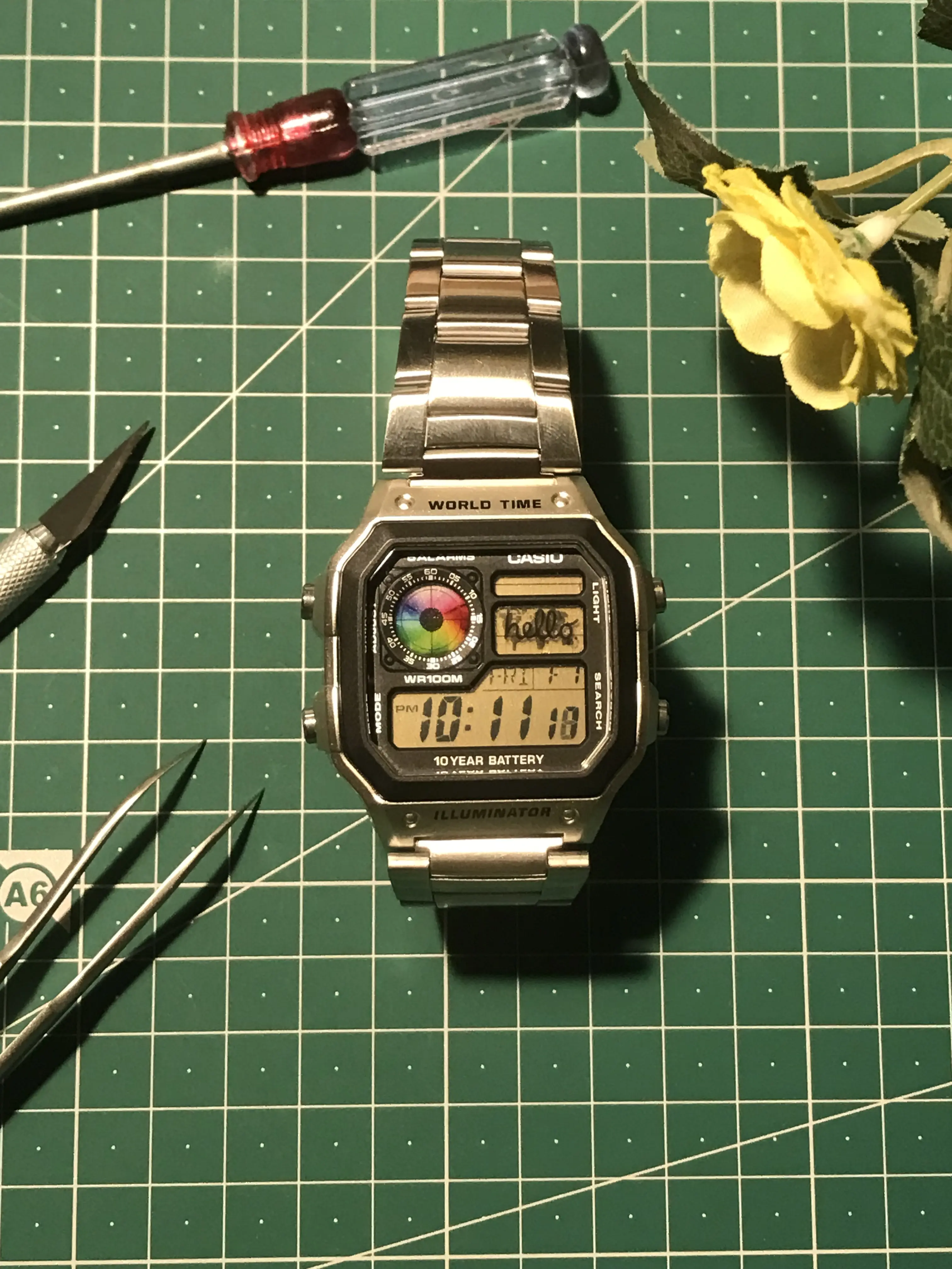 Custom Casio AE-1200 (Royale), "1984" Edition | Macintosh Tribute Mod, Rainbow Spinning Wheel, "hello" greeting, Beige Filter