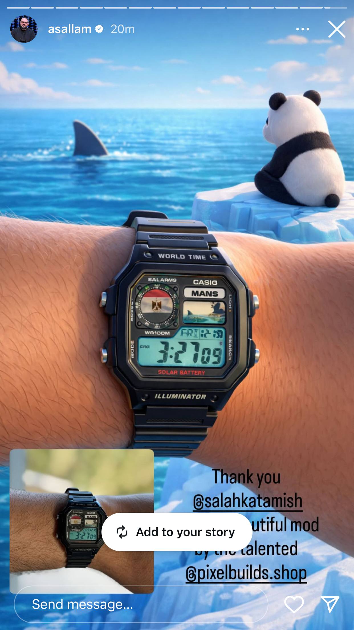 A cutomer wearing his new custom casio royale (AE-1200) watch, With a shark and a panda design + Egyption Flag + His Initials in the watch