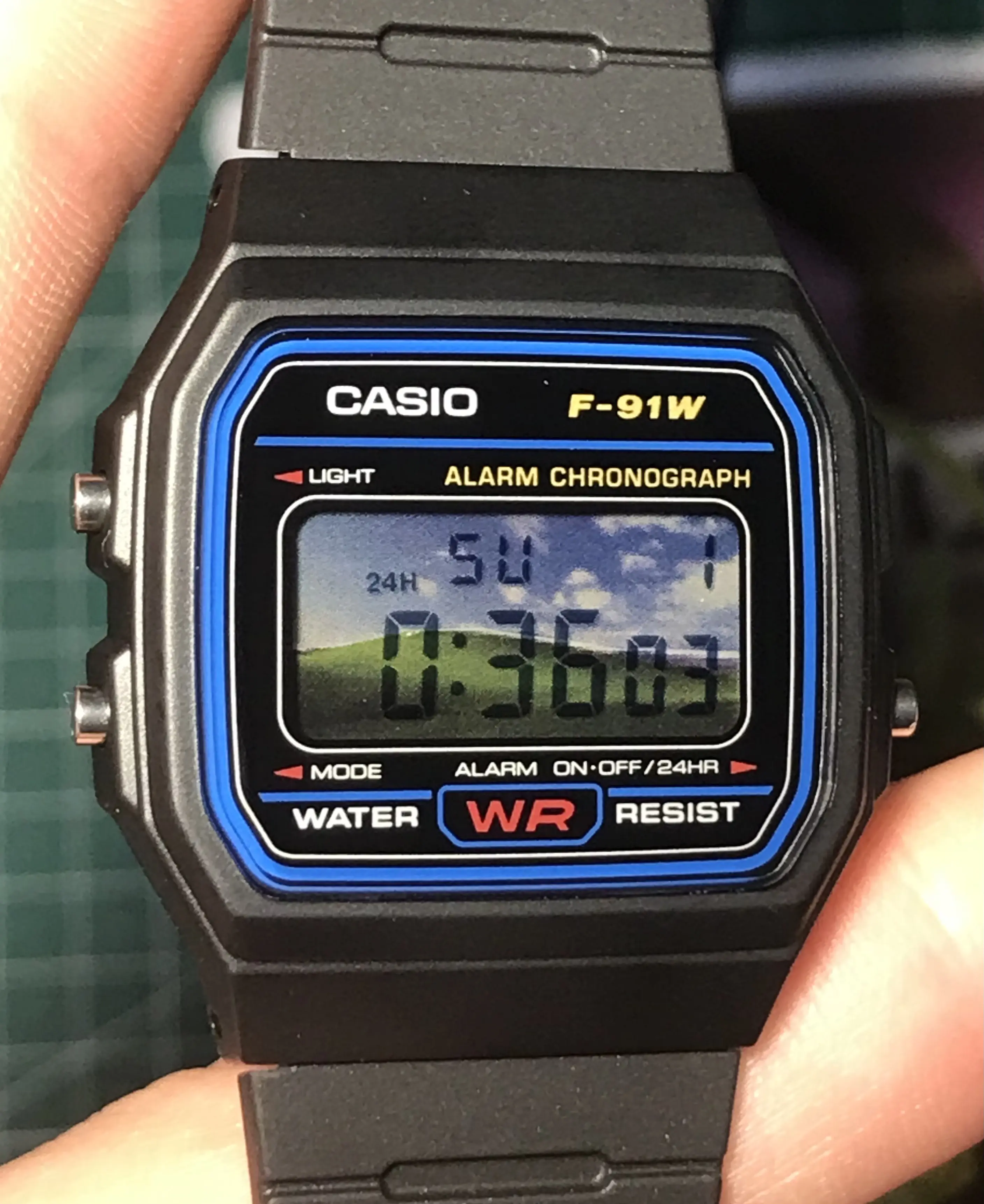 Custom Casio F91W Modded - Windows XP Desktop theme - Bliss - Close up - Multi-Layer Parallax Display